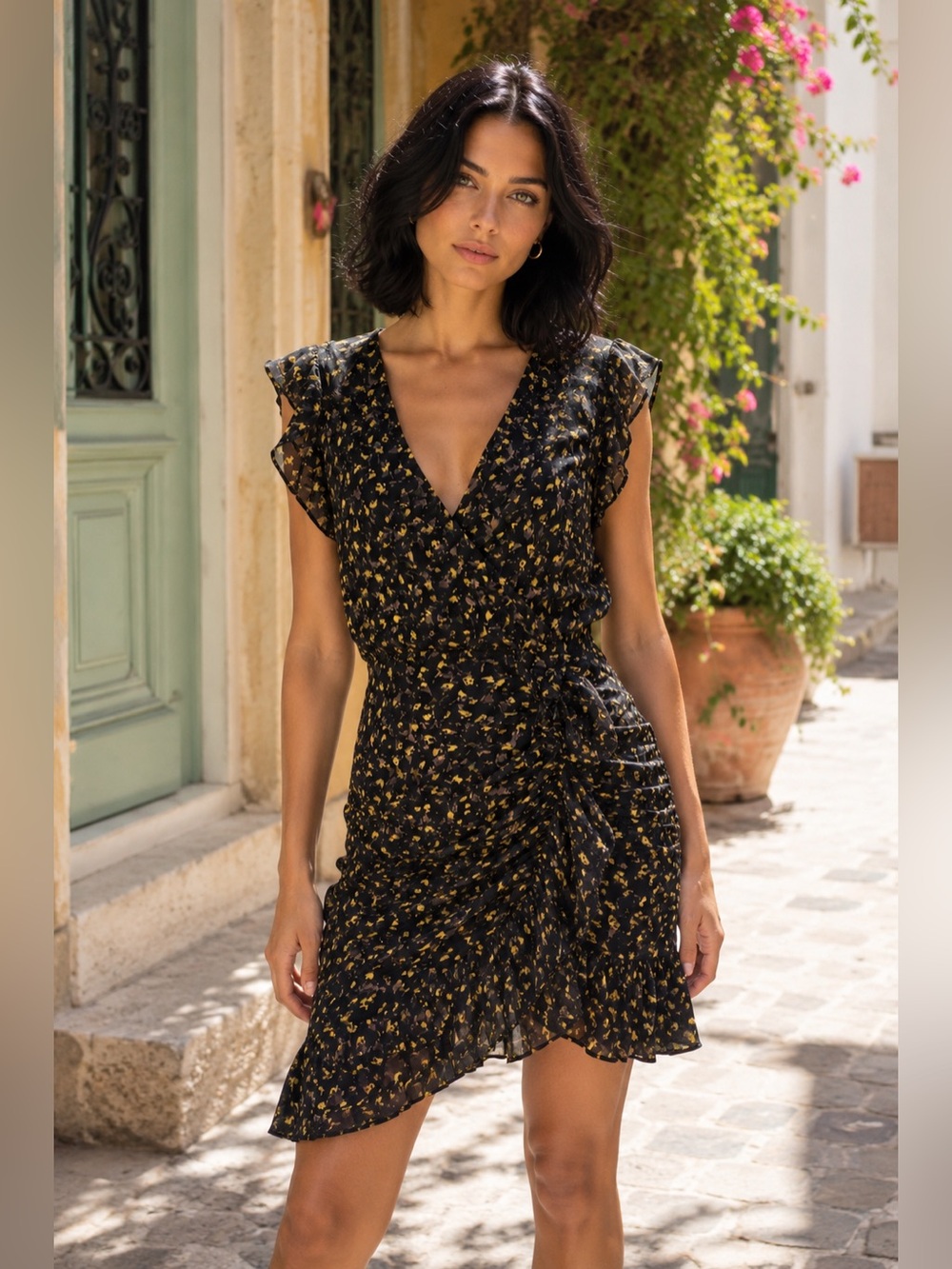 Sugarlips Black Mini Dress with Yellow Floral Motif